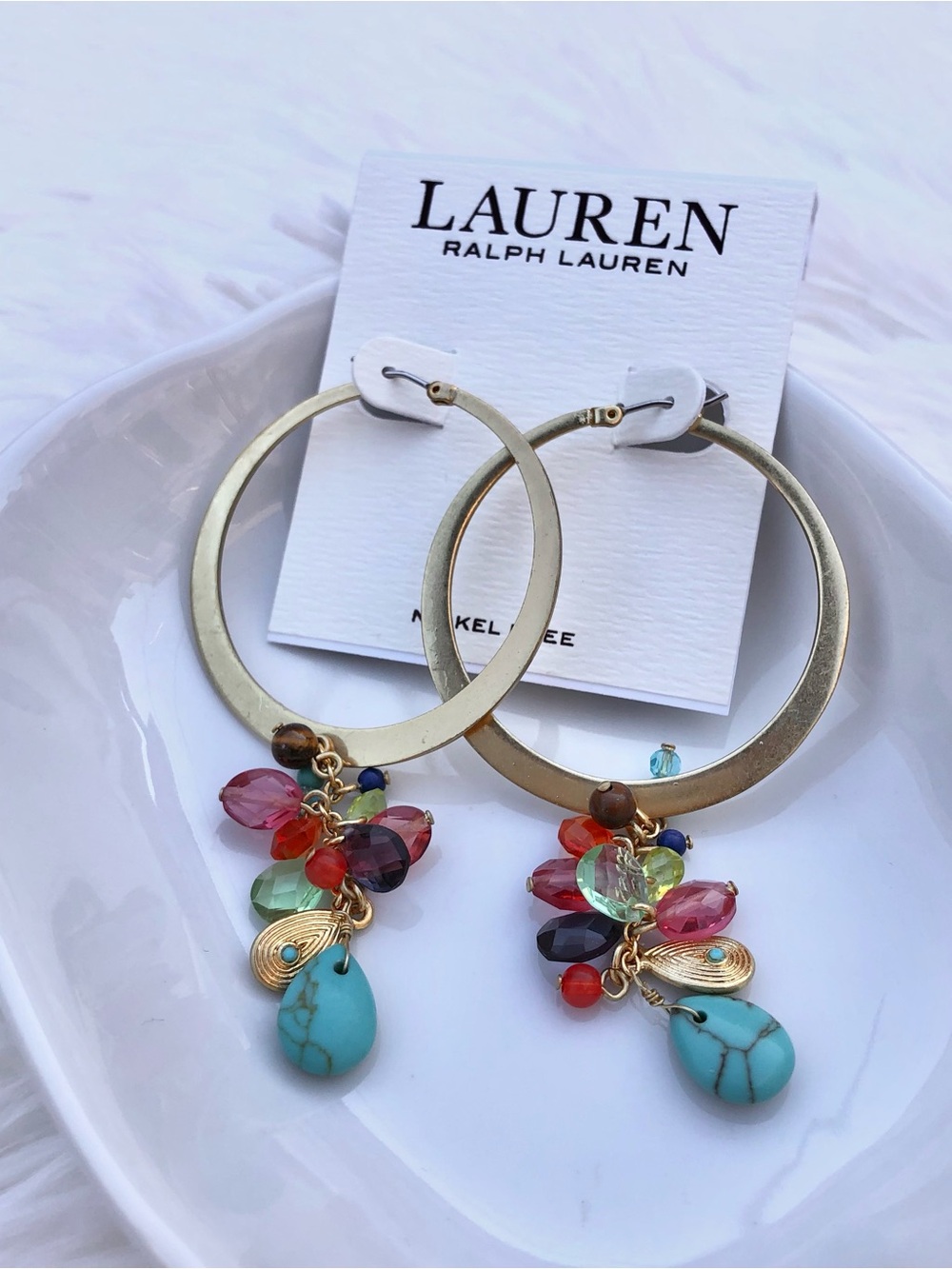 Lauren Ralph Lauren Gold Hoops with Turquoise Teardrops and Multicolor Beads